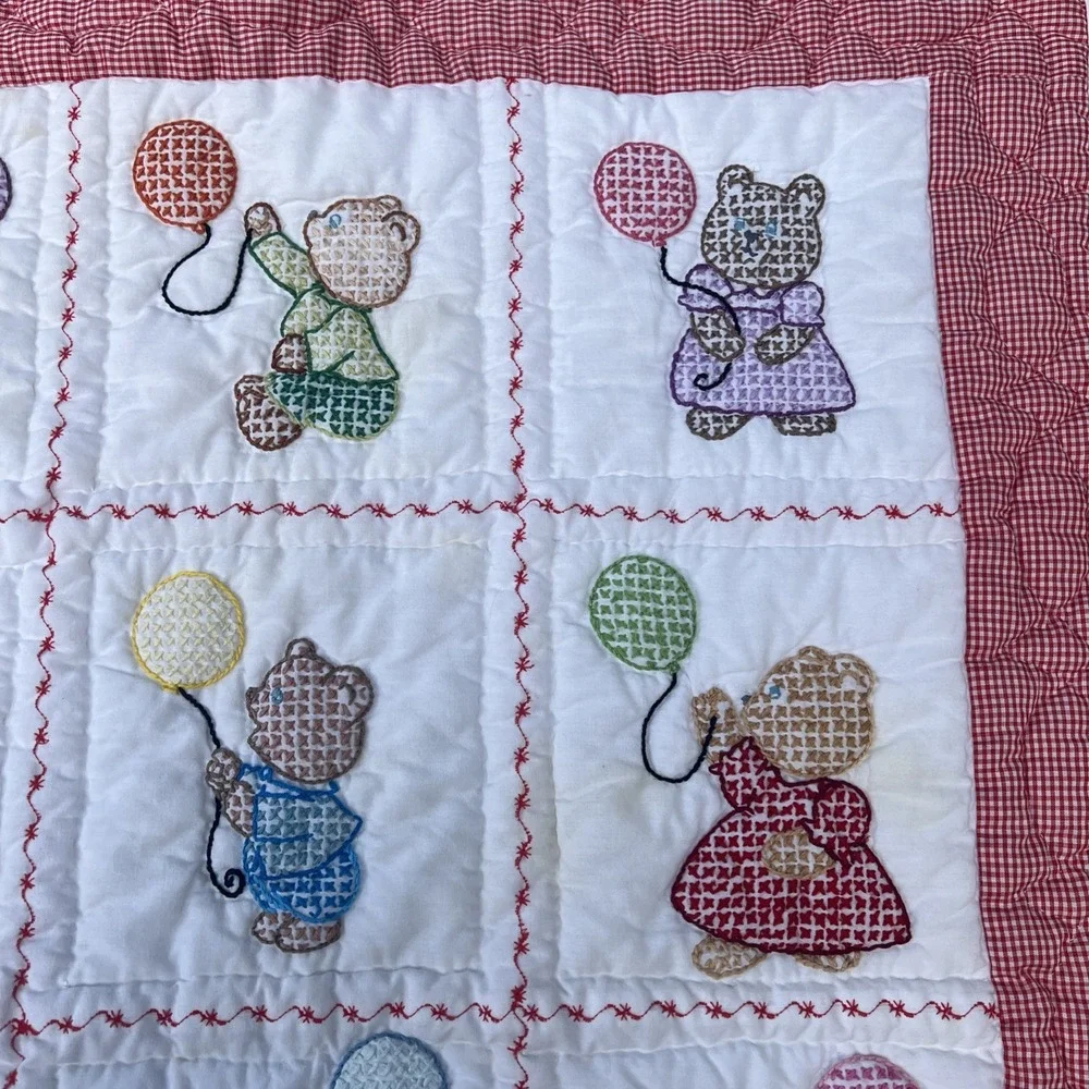 VTG 1970s Handmade Cross Stitch Teddy Bear Red Gingham Baby Crib Quilt 31x39